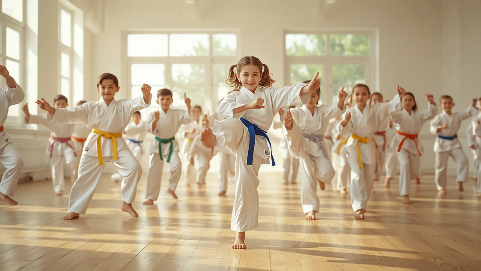 Youth karate classes - students ages 7-9 practicing kicks