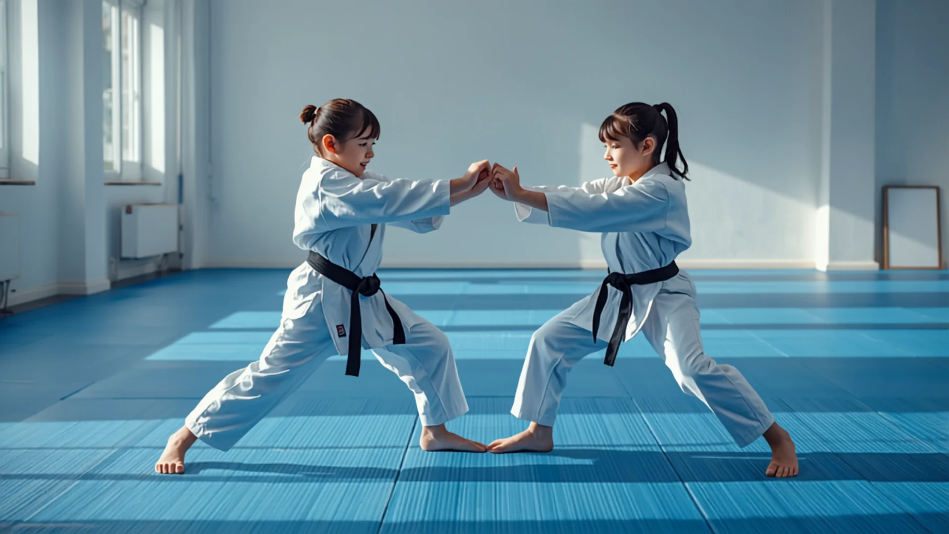 Leadership karate students practicing partner drills with focus